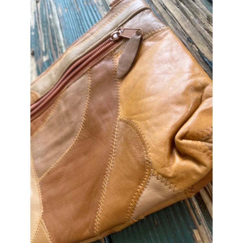 Vintage Leather Patchwork Crossbody Bag Tan Brown Multi Tone Boho Zip Shoulder